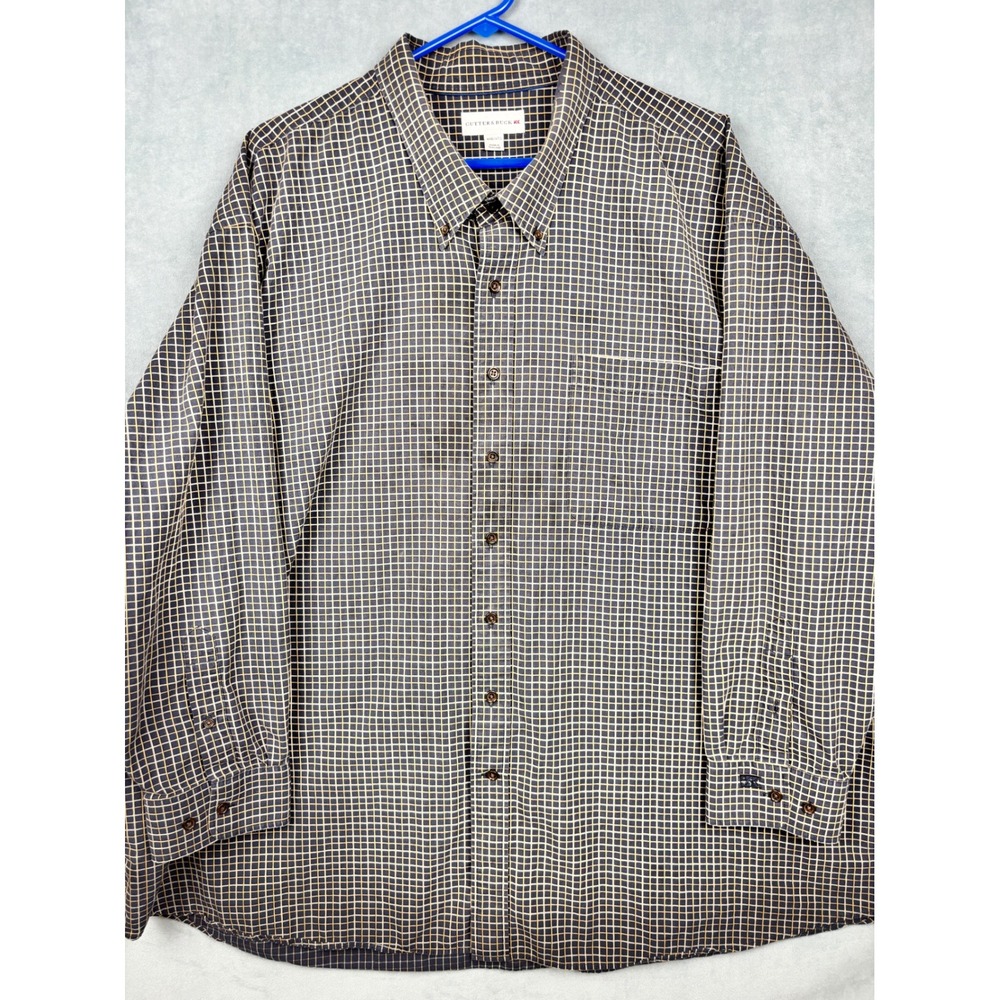Cutter & Buck Mens 4XB Navy Blue Tan Grid Check Button Down Shirt Long Sleeve